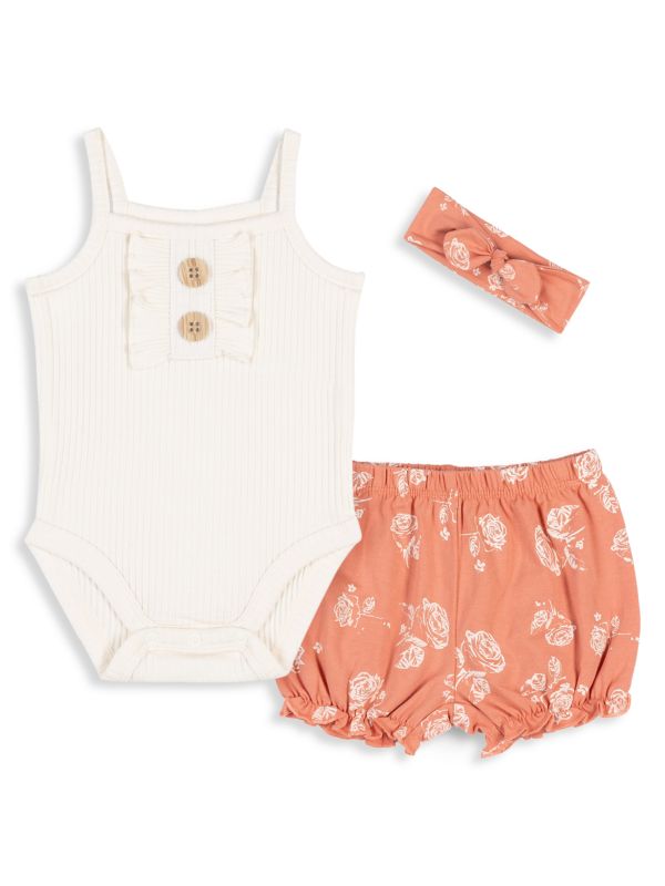 Petit Lem Baby Girl's 3-Piece Rib-Knit Bodysuit, Floral Shorts & Headband Set